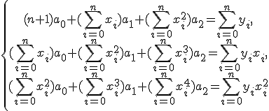 \left\{\begin{matrix} (n+1)a_0 + (\sum^{n}_{i=0}{x_i})a_1 + (\sum^{n}_{i=0}{x_i^2})a_2 = \sum^{n}_{i=0}{y_i},\\ (\sum^{n}_{i=0}{x_i})a_0 + (\sum^{n}_{i=0}{x_i^2})a_1 + (\sum^{n}_{i=0}{x_i^3})a_2 = \sum^{n}_{i=0}{y_ix_i},\\ (\sum^{n}_{i=0}{x_i^2})a_0 + (\sum^{n}_{i=0}{x_i^3})a_1 + (\sum^{n}_{i=0}{x_i^4})a_2 = \sum^{n}_{i=0}{y_ix_i^2} \end{matrix}\right.